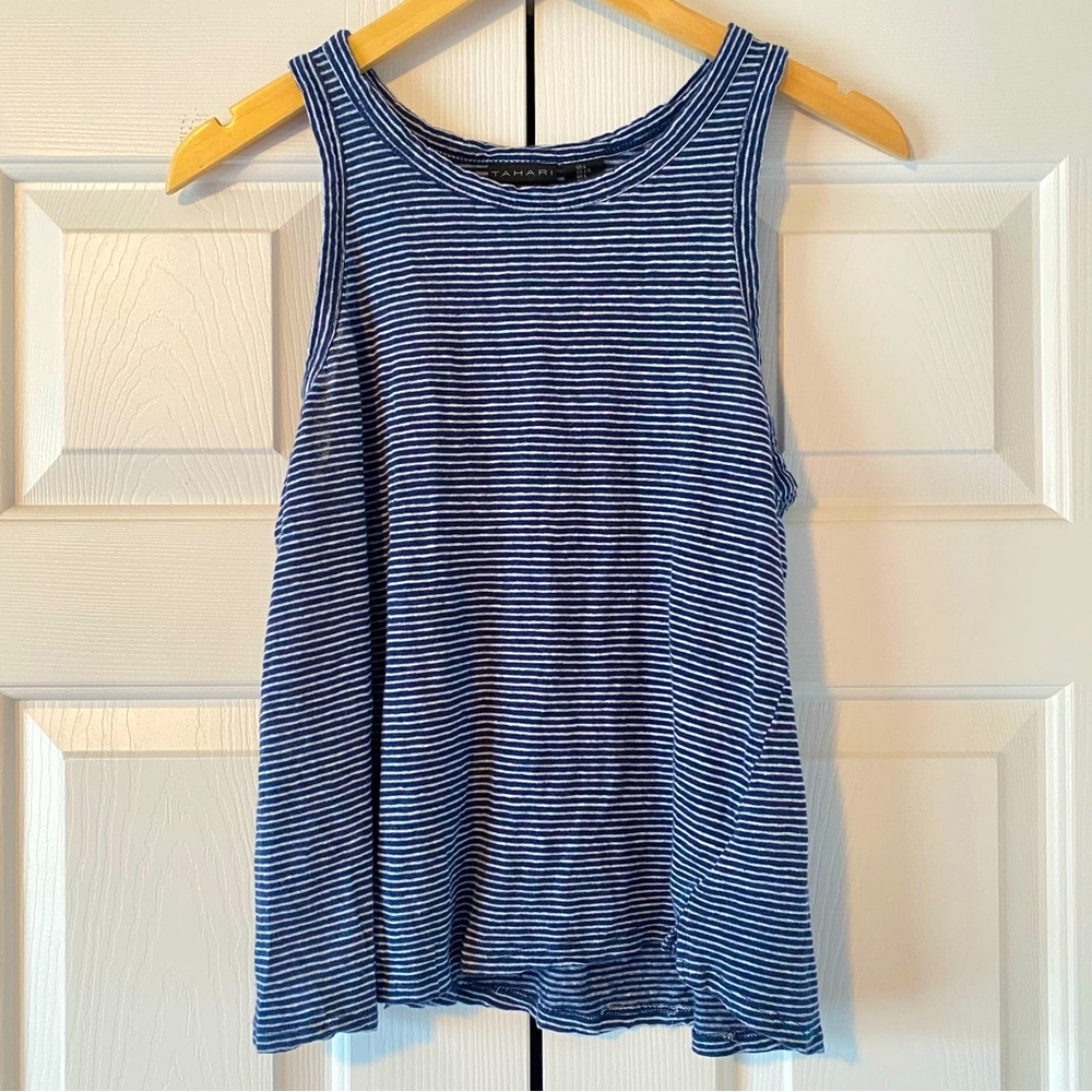 Tahari Blue and White Striped Sleeveless Linen Top, L